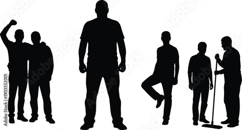 Human silhouette icon set, standing yoga sweeping pose illustration, diverse people activity graphic pack, black and white vector artwork