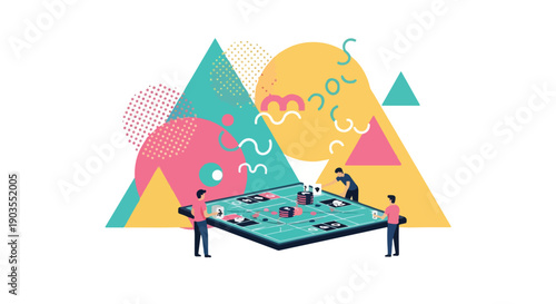Abstract geometric shapes and tiny people playing a board game, representing strategy, planning, and teamwork in business.