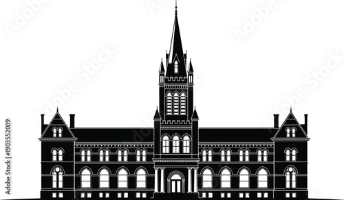 Historic building silhouette, ornate architecture illustration, university courthouse design, government structure graphic, symmetrical tower icon, black and white artwork