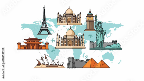 A flat design illustration of world famous monuments, with a world map