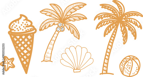 Charming hand drawn illustration set featuring essential tropical beach elements like a delicious ice cream cone palm trees a seashell and a classic inflatable beach ball perfect for summer designs