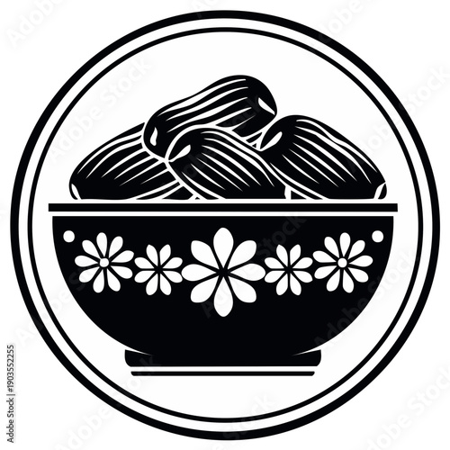 Circular emblem featuring a black and white illustration of a decorative bowl filled with plump dates