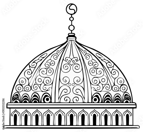 Intricate Islamic Mosque Dome with Crescent Finial in Black and White Illustration