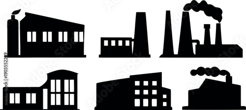 Set of black vector silhouettes of industrial city buildings and urban factory architecture icons including a business skyline and construction power plant symbols for modern town design