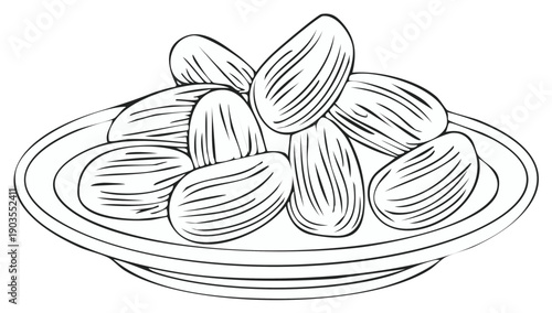 Line Art of Ripe Dates on Plate, A Pile of Tasty Fruit for Middle Eastern Cultural Events
