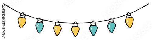 Hand drawn string of colorful light bulbs, festive illustration for decoration
