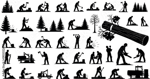 Lumberjack and forestry worker silhouette set showing woodcutting, logging, tree felling and sawmill activities, forest labor scenes collection, black vector figures isolated on white background