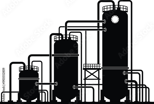Industrial facility silhouette illustration, chemical plant icon, petrochemical refinery artwork, process engineering design, mechanical system vector, black and white graphic