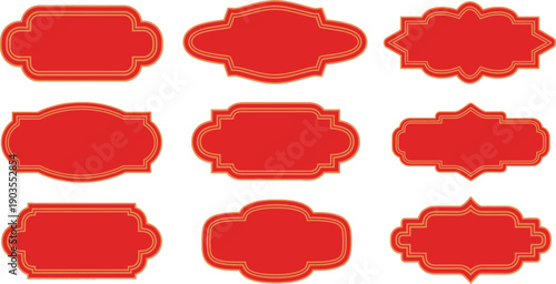 Collection of traditional ornate red frame chinese design elements and decorative labels for various graphic projects