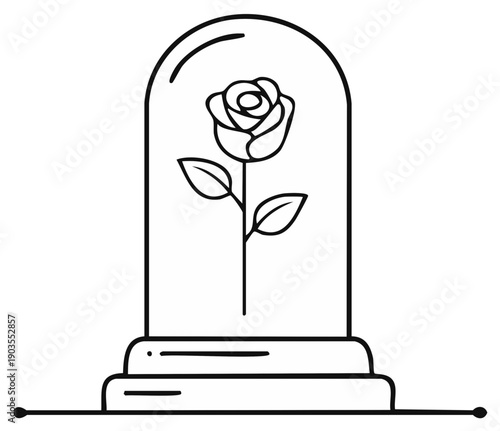 Elegant enchanted rose under glass bell dome delicate line art illustration, beauty and the beast concept, fairytale bloom in romantic enclosure