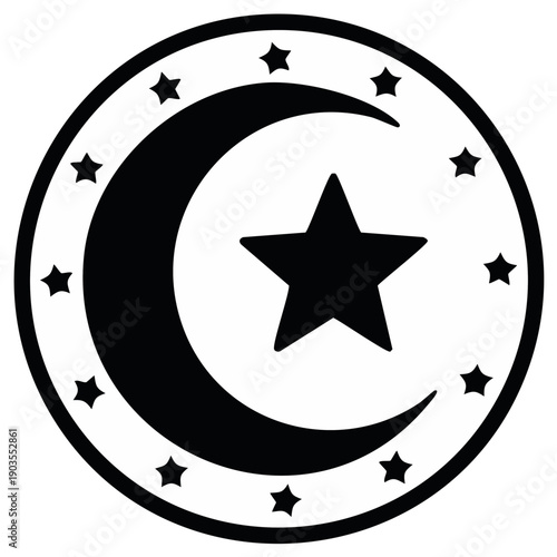 Crescent Moon and Star Emblem with Surrounding Stars in Circle Symbol