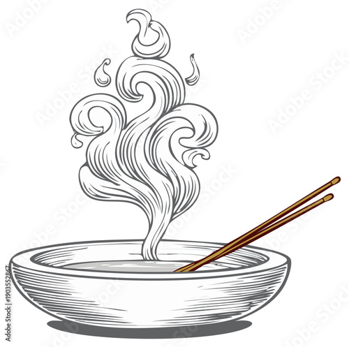 Illustration of Incense Sticks Smoldering in a Bowl with Rising Smoke Spiritual Aroma