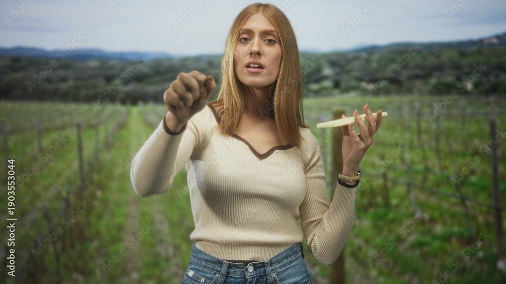 Fototapeta premium Woman holding white chocolate bar in left hand and pointing with right hand forward in forest; satisfaction indulgence.