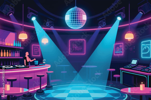 Futuristic nightclub interior with neon lights, bar, dance floor, disco ball, DJ booth, and vibrant party atmosphere.