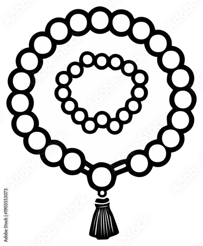 Black and white illustration of beaded circle and bracelet with tassel design