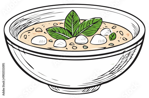 Hand drawn illustration of an appetizing bowl of creamy soup topped with fresh basil and mozzarella