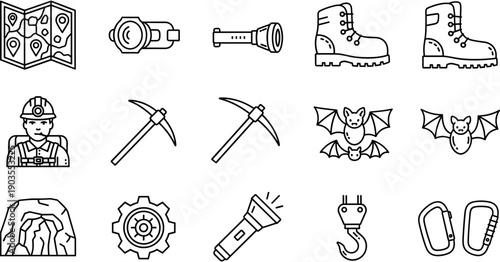 Industrial mining and caving line art icon set featuring a miner, pickaxe, flashlight, climbing gear, and cave exploration symbols.