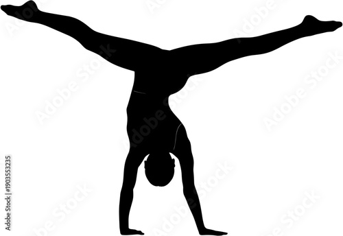 Graceful gymnast silhouette performing a handstand with a wide leg split, athletic female performer for fitness and acrobatics.