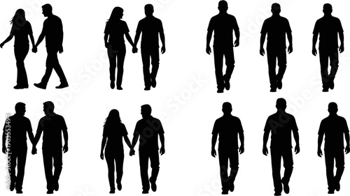 Diverse walking silhouettes of young couples holding hands and men walking forward, casual pedestrian lifestyle figures for urban design.