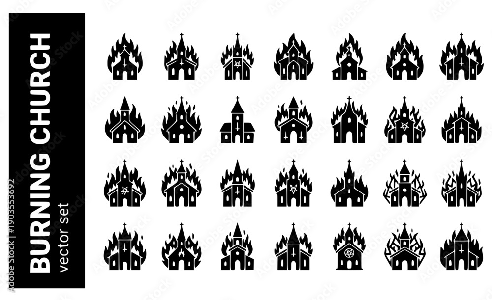Obraz premium Burning Church Black-Metal Church-Fire Dark-Religious Burning-Building Edgy-Symbol Church-Silhouette Metal-Aesthetic Vector Set - Dark Church