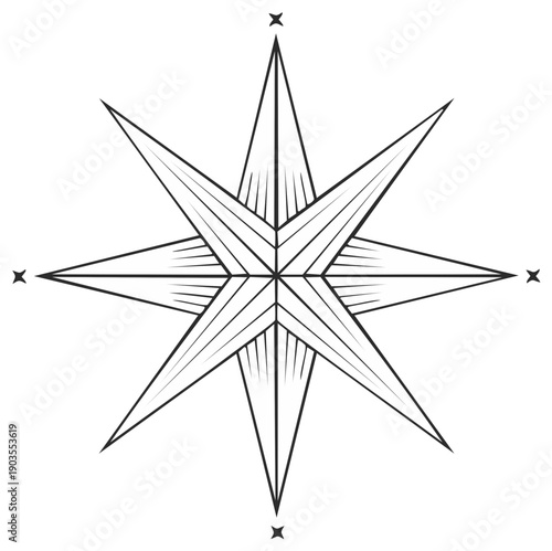 Stylized eight-pointed star compass rose with decorative lines for directional guidance