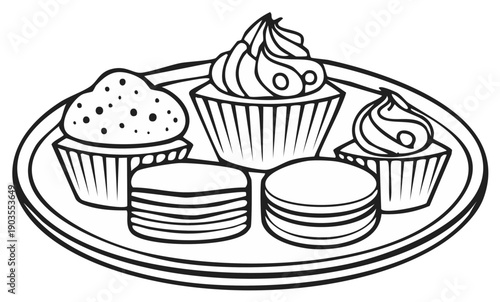 Line art drawing of cupcakes and macarons arranged on a platter