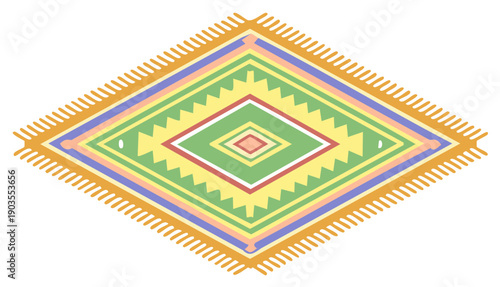 Vibrant Diamond Patterned Traditional Tribal Rug with Fringes