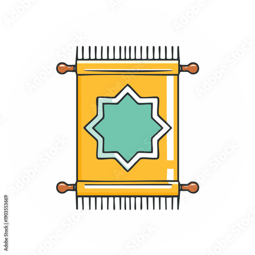 Yellow Islamic prayer mat with geometric star pattern and tassels illustration