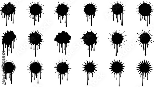 Black ink splatter and paint drip collection featuring liquid droplets, street art spray effects, and grunge decorative circular stain icons.