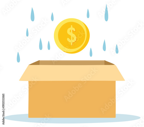 Donation Box with Gold Coin and Water Droplets Falling, Financial Assistance Concept, Cartoon Illustration Style