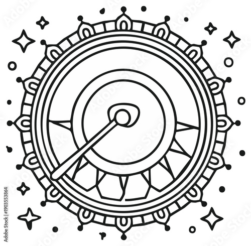 Illustration of a drum with a drumstick, line art design with decorative elements.