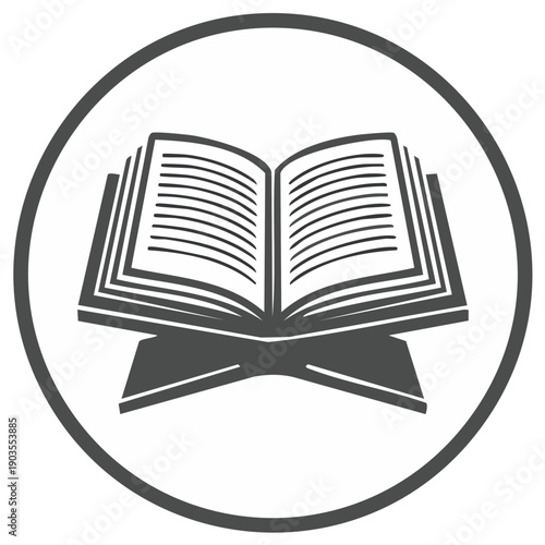Open Book on Stand, Monochromatic Line Art Illustration, Islamic Religious Symbol within Circle.
