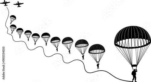 Military paratrooper landing sequence silhouette with aircraft and parachutes, black and white army airborne operation illustration concept on white background