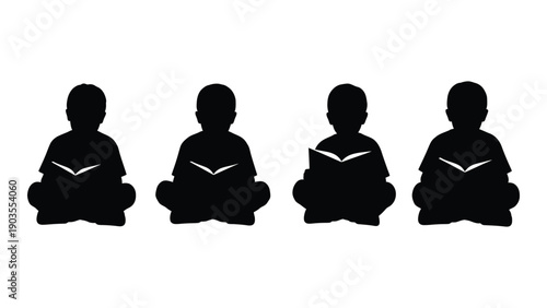 Four children sitting cross-legged, reading books together in a row Vector