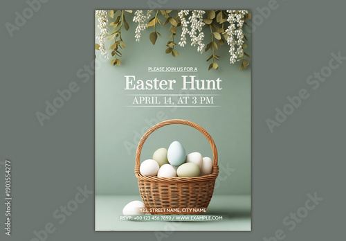 Editable Easter Egg Hunt Party Invitation Flyer Design with Pastel Eggs in Woven Basket and Hanging Floral Vines on Light Green Background.
