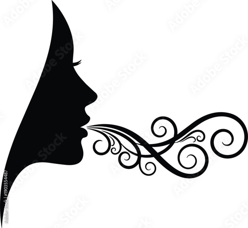 Black silhouette of a woman profile face blowing artistic wind swirls isolated on white background concept of breathing nature air fresh meditation and spiritual energy