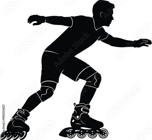 Black silhouette of a young male athlete rollerblading and inline skating with protective gear on white background, concept of outdoor sports and fitness.