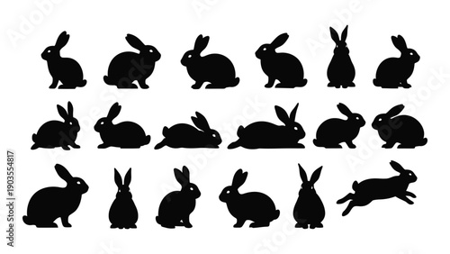 A collection of black silhouettes of rabbits in various poses and positions. Vector