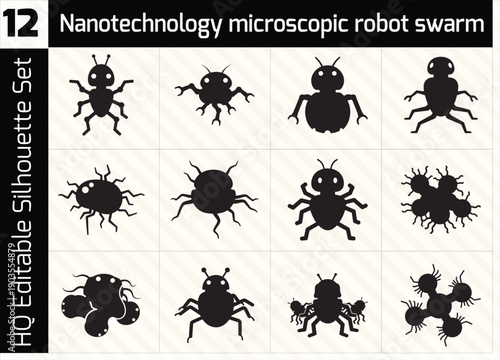 Nanotechnology Microscopic Robot Swarm Silhouette Set, Nanobots Icons for Medical Science, Futuristic Technology, Bio-Engineering, and Robotics