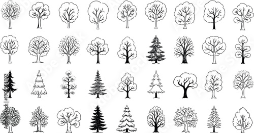 Minimal black and white tree icons set with various deciduous and pine silhouettes, hand drawn forest symbols, nature illustration collection
