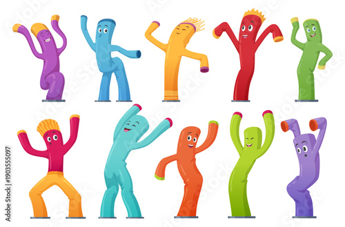 A set of inflatable dancing figures in various colors, each posing in a variety of poses. They re designed for a fun event, attracting attention and filling the surrounding atmosphere with energy.