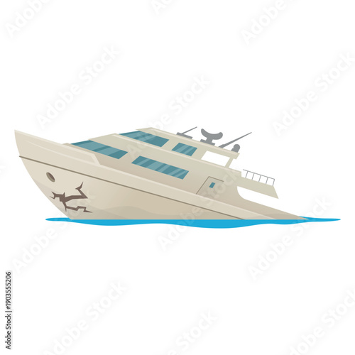 An illustration of a damaged yacht, listing and taking on water. The vessel is showing signs of distress and is approaching sinking.
