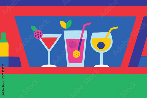 Colorful cocktail glasses with vibrant drinks and garnishes on bar counter, modern stylized illustration of nightlife and celebration.