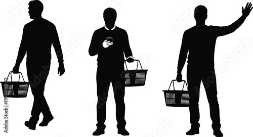 Black silhouette set of a man carrying a plastic shopping basket walking using a smartphone and waving his hand isolated on a white background.