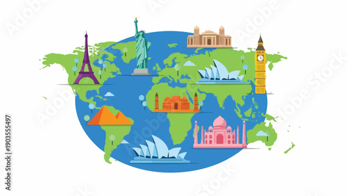 A globe features famous landmarks from around the world in colorful illustrations