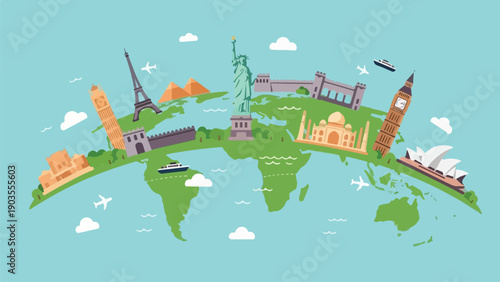 A globe illustration featuring famous landmarks around the world