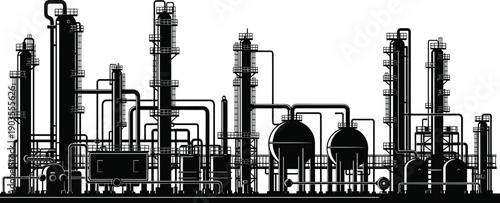 Industrial plant silhouette, petrochemical refinery illustration, distillation column graphic, storage tank design, energy infrastructure icon, process engineering artwork