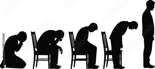 Black silhouette set of a man progressing from kneeling in despair and sitting on a chair with head down to standing up with confidence.