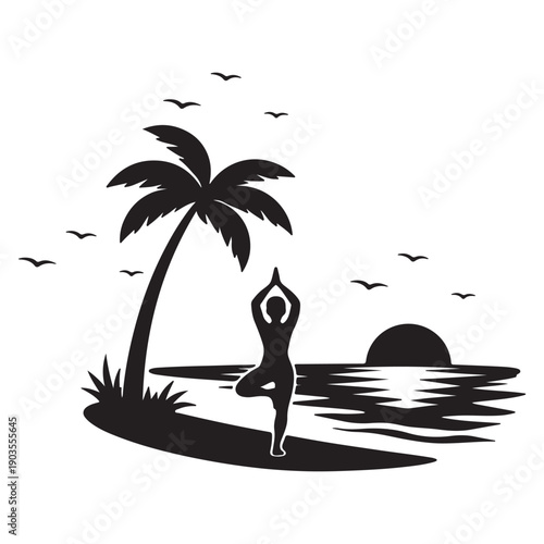 Silhouette of a woman practicing yoga on a beach with a palm tree and sunset