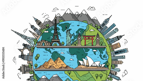 A globe showcasing various world famous landmarks and monuments